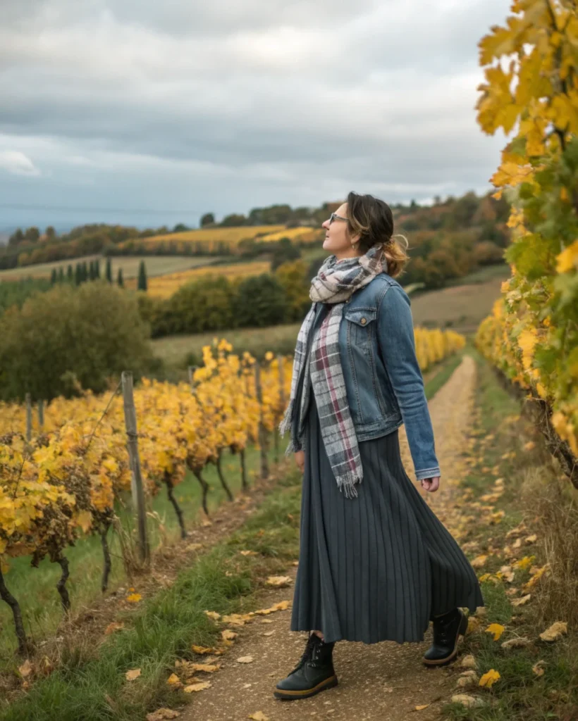 18. Denim Jacket with Maxi Skirt and Scarf