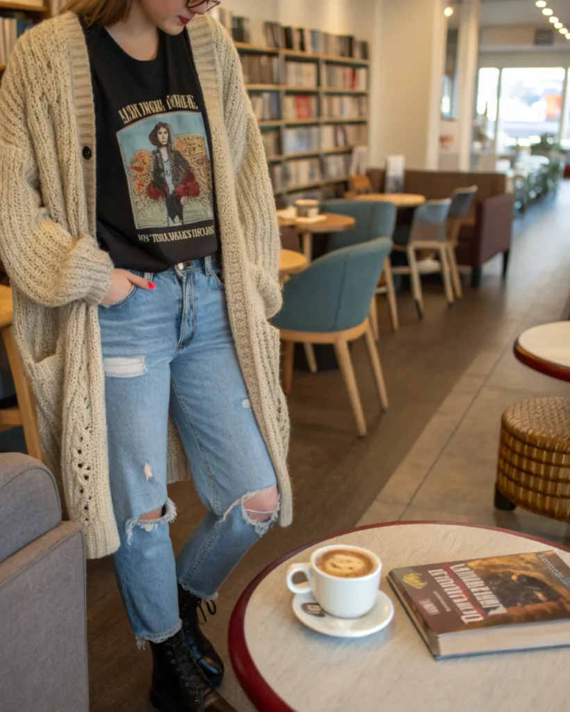 3. Chunky Cardigan with Graphic Tee
