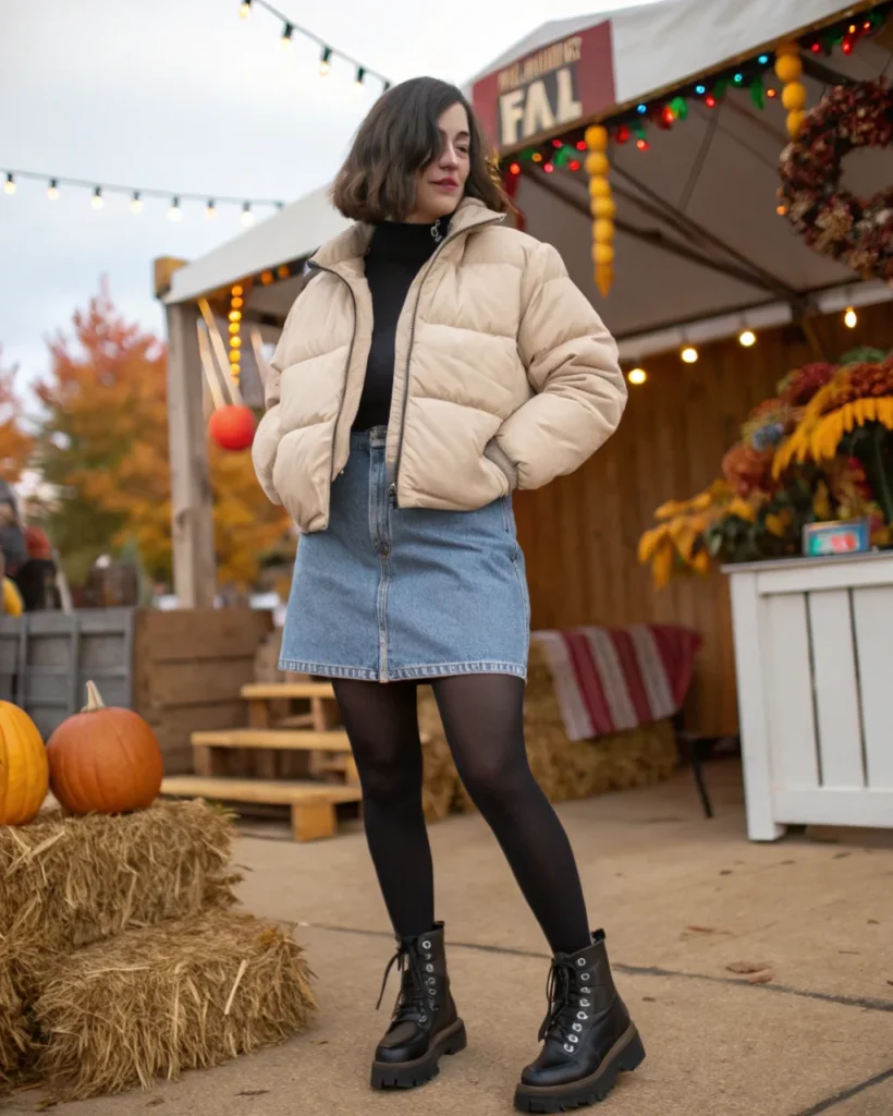 6. Puffer Jacket with Denim Skirt