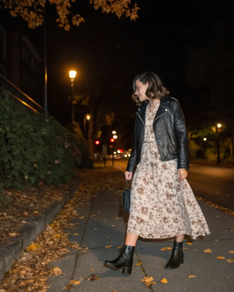 9. Leather Jacket with Midi Dress